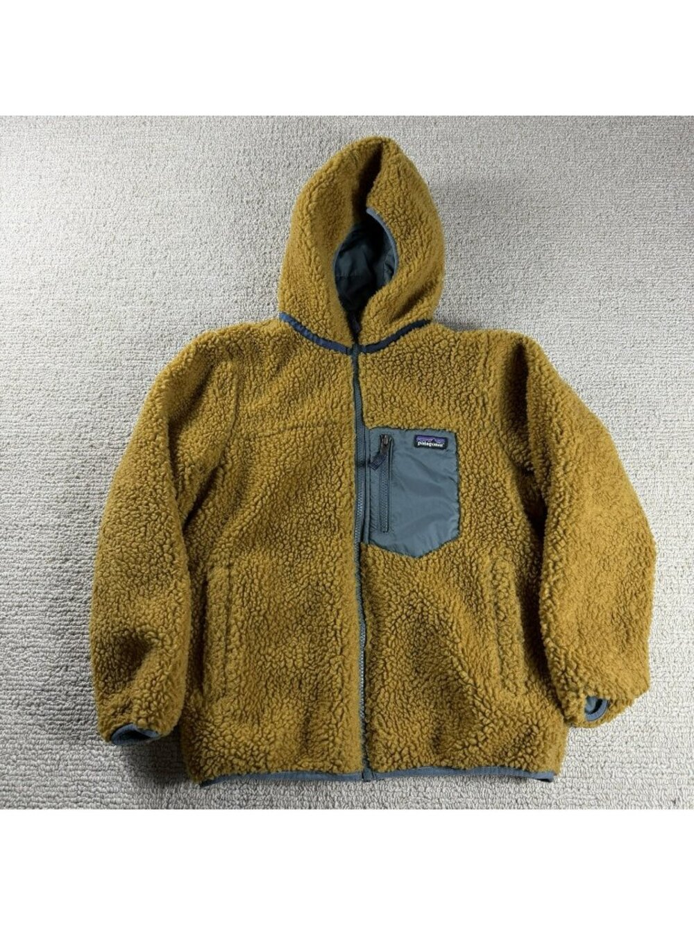 Patagonia Reversible Ready Freddy Puffer Jacket Blue Brown Boys Size Medium 10